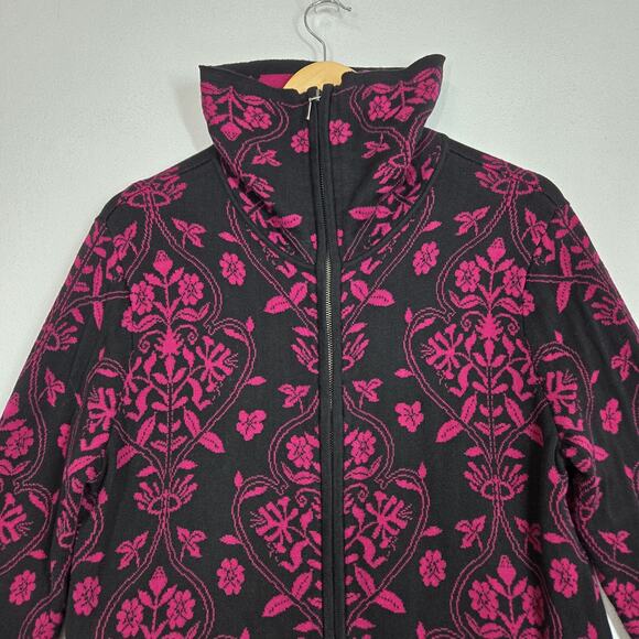 Chico's Silk Blend Cardigan Jacket sz 2 - L Black Magenta Pink Zip Front Pockets - Picture 2 of 13